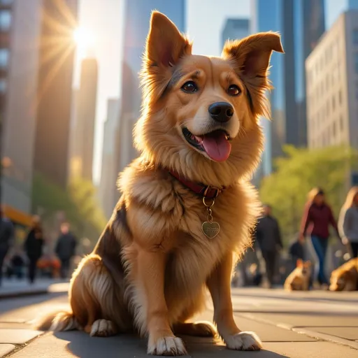 Prompt: Dog sitting peacefully in the heart of a bustling city, vibrant atmosphere, surrounded by skyscrapers and lively pedestrians, warm golden sunlight casting long shadows, capturing the essence of urban life, detailed textures of the dog's fur, ultra-detailed 4K resolution, candid and engaging moment that conveys joy and serenity amidst the chaos of city life.