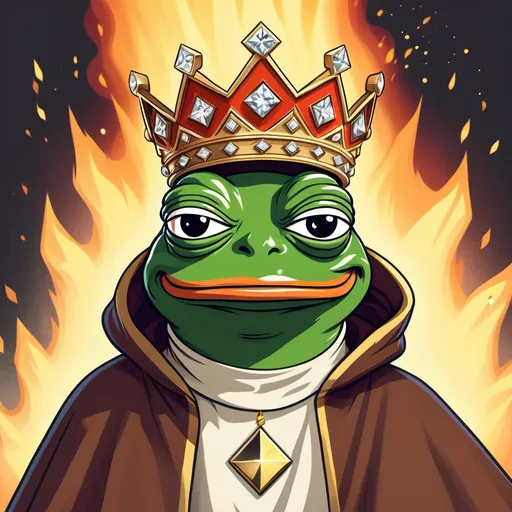 Prompt: pepe the frog, pepe wearing a king's crown, pepe victorious rising from the ashes, NFT style illustration, pepe humorous face, pepe crypto king, NFT style, wearing a cloak and diamonds
 