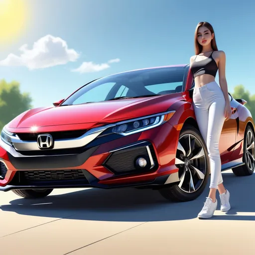 Prompt: A beautiful girl standing next to a sleek Honda car, sunny day, realistic style, high detail