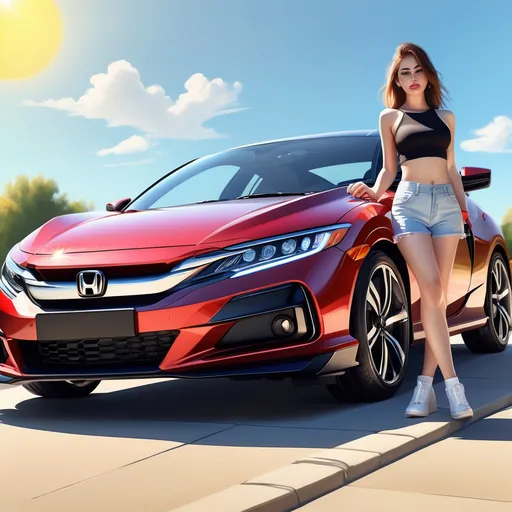 Prompt: A beautiful girl standing next to a sleek Honda car, sunny day, realistic style, high detail