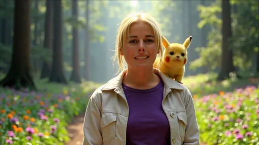 Prompt: A photorealistic depiction of @gc6xh20oZRPdYXVVbwGs, brimming with excitement for an adventure, stands confidently in a lush, vibrant forest. Sunlight filters through the dense canopy above, casting dappled light on her face, highlighting her eager expression and sparkling eyes. Pikachu perches playfully on her shoulder, its bright yellow fur contrasting against the rich greens of the foliage. The background features towering trees and colorful wildflowers, creating a lively atmosphere. The camera captures a slightly angled view, emphasizing the dynamic connection between @gc6xh20oZRPdYXVVbwGs and Pikachu, as if they are ready to embark on their journey together.