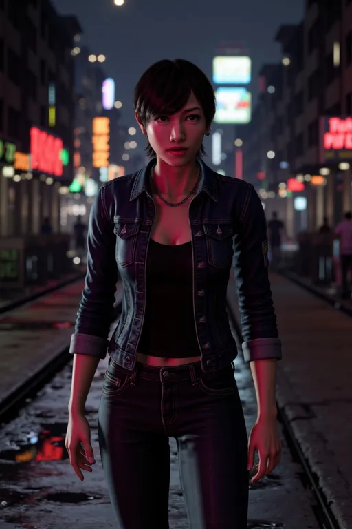 Prompt: A photorealistic depiction of @ZmY5Y0eVD3r3fVvGbmTf, poised for combat in a dimly lit alley. She wears a rugged denim jacket over a low-cut tank top, paired with fitted jeans that accentuate her athletic build. The alley is shadowy, with flickering neon signs casting an eerie glow, creating stark contrasts against her attire. Puddles on the ground reflect the muted light, enhancing the gritty atmosphere. With a determined expression, she stands in a slight crouch, fists clenched and ready, as if anticipating an imminent confrontation. The camera angle captures her from a low perspective, emphasizing her readiness and the looming darkness of the alley behind her.