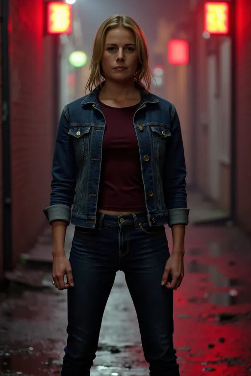 Prompt: A photorealistic depiction of @gc6xh20oZRPdYXVVbwGs, poised for combat in a dimly lit alley. She wears a rugged dark blue denim jacket and a tight heavyweight dark red t-shirt with midriff, paired with fitted jeans that accentuate her athletic build. The alley is shadowy, with flickering neon signs casting an eerie glow, creating stark contrasts against her attire. Puddles on the ground reflect the muted light, enhancing the gritty atmosphere. With a determined expression, she stands in a slight crouch, fists clenched and ready, as if anticipating an imminent confrontation. The camera angle captures her from a low perspective, emphasizing her readiness and the looming darkness of the alley behind her.