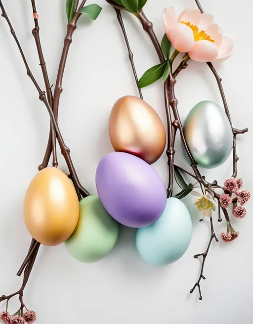 Prompt: colorful easter eggs hanging on the twigs, with metallic effect, and different flowers on top of the egg