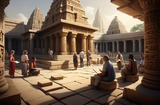 Prompt: "A group of historians, archaeologists, and devotees studying an ancient temple. Some are examining detailed carvings on the walls, while others are discussing with notes and old manuscripts. The temple in the background is made of multiple stone blocks with intricate artwork, surrounded by a mystical atmosphere."