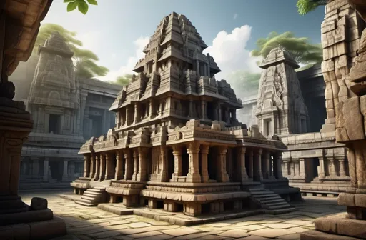 Prompt: An ancient stone temple with intricate carvings, built using multiple large stone blocks. The architecture is detailed and complex, giving an illusion of a single rock structure. The scene is set in natural daylight, highlighting the temple's rich texture and craftsmanship."