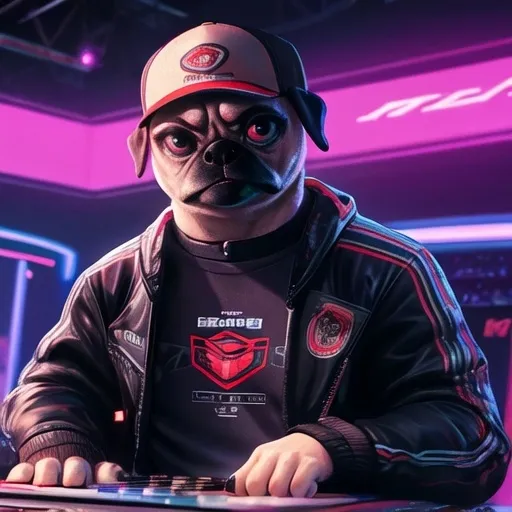 Prompt: A cute and charismatic pug wearing an esports team-inspired red and black jacket with stylish white accents, resembling a pro gamer outfit. The pug also wears a matching red and black snapback cap with a sleek embroidered emblem, inspired by top-tier League of Legends teams. The background features an electrifying esports arena with bright neon lights and a dynamic atmosphere. The pug has a confident, determined expression, as if ready for a high-stakes gaming tournament. Ultra-detailed, 8K, photorealistic, cinematic lighting, esports hype vibe