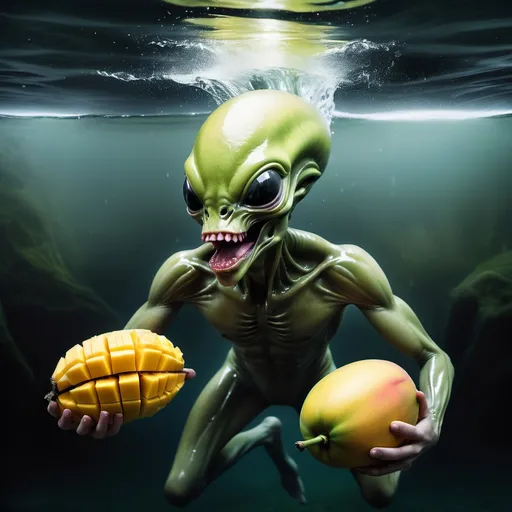 Prompt: locked in alien with a chopped chin swimming in still water eating mangos