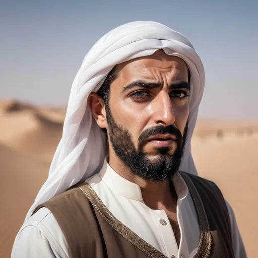 Prompt: An arab with handsome beard and eyes staring to horizon, in his forties back in the the 5th centure outfit, in the dessert , emotionless crying 