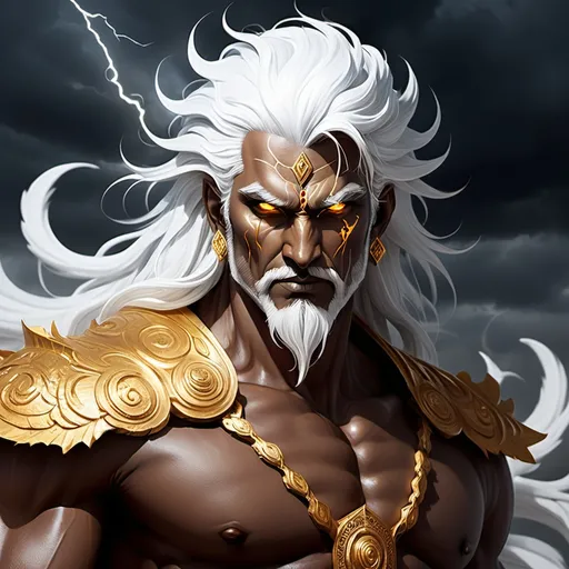 Prompt: *Prompt**:  
"Design a male **Maruthra**, a brooding stormlord torn between his duty to annihilate corruption and his fading humanity. His design merges raw power and elegance: jagged, wind-swept white hair, eyes like molten gold with storm-cloud pupils, and a muscular frame etched with glowing Vedic runes. He wields the *Vajra Stormblade*, a weapon channeling lightning and gravitational force. Personality: Cold, strategic, but hides a dry wit. His mantra: *‘The storm doesn’t rage… it *judges*.’*"