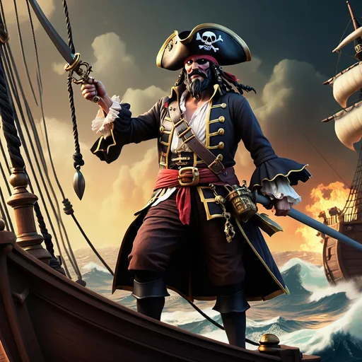 Prompt: Crée moi une image d'un roi des pirates qui est sur un bateau ennemi
