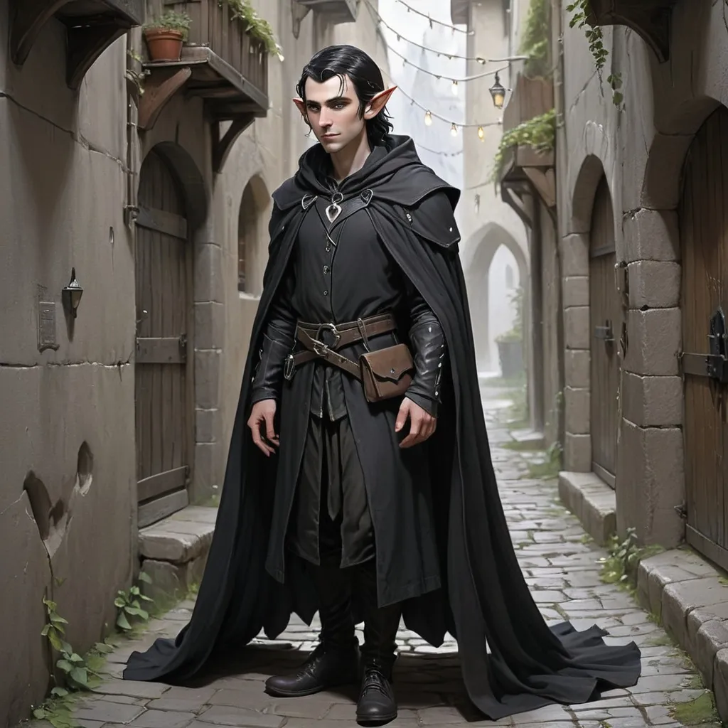 Prompt: male elf with shoulder length black hair, wearing a short dark cloak and a small silver heart amulet, standing in an alley