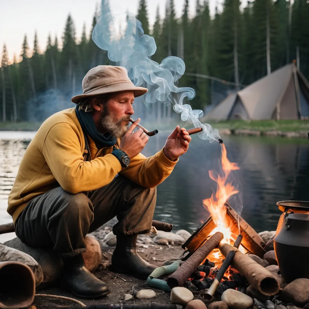 Prompt: A fisherman smoking a pipe sitting by a camp fire.