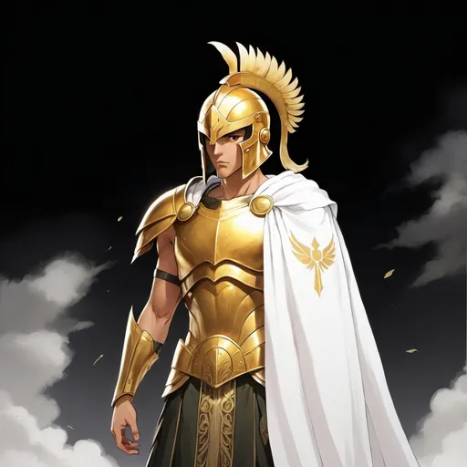 Prompt: a young man, no beard, anime character, with a Golden spartan helmet that has details of golden feathers , eyes covered by the helmets gaps, with full armor in the chest and belly, with a Greek skirt, standing, looking serious, using a white half cover that takes only one side of the body