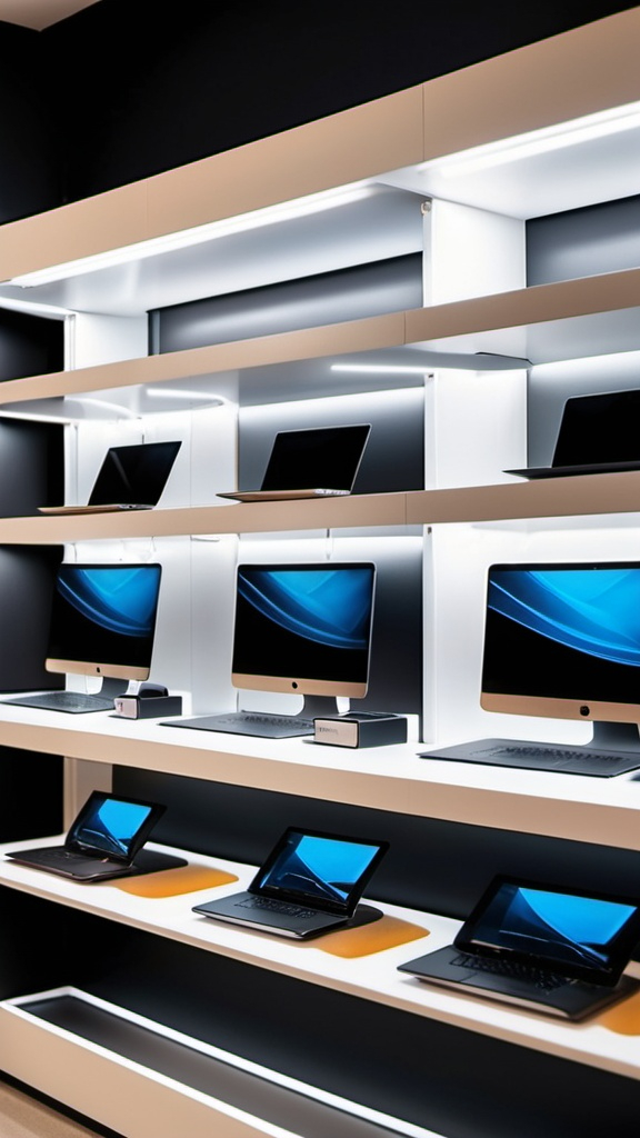 Prompt: A stylish and modern laptop store shelf with laptops open