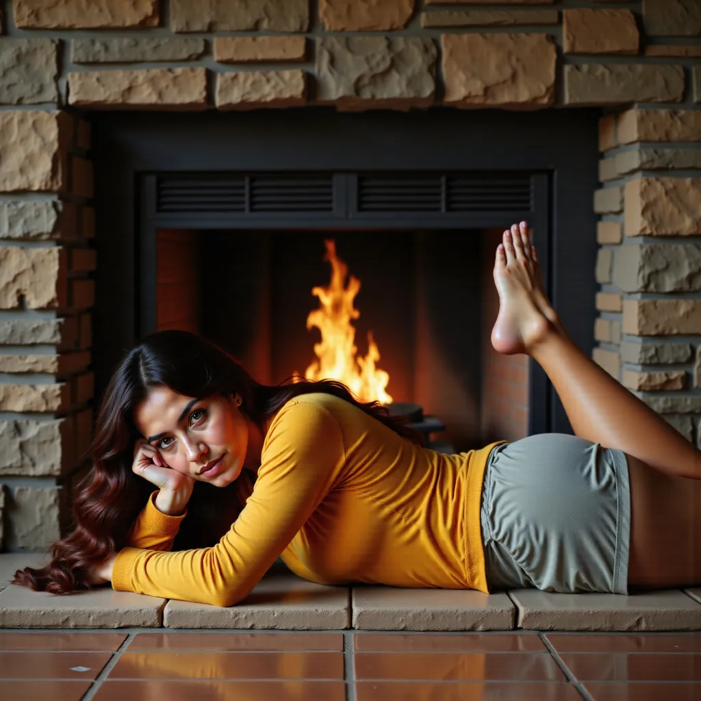 Prompt: Anatomically correct. Reclining gracefully on a smooth stone ledge near a roaring fireplace, a young woman embodies a cozy yet captivating vibe as the warm glow illuminates her features. Dressed in a snug yellow sweater and light shorts, she rests her chin on one hand, her dark, long hair cascading in soft waves and framing her expressive face, which carries a mix of curiosity and contemplation. The inviting fire crackles behind her, casting a flickering light that enhances the textured stone backdrop and the glossy finish of the tiled floor beneath. The scene, exuding warmth and comfort, conveys an atmosphere of serene introspection, inviting viewers to pause and share in her moment of reflection.