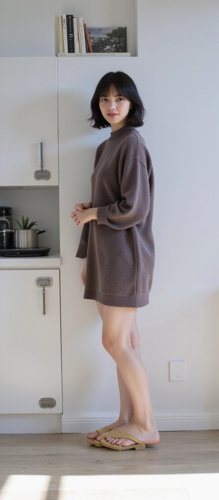 Prompt: Soft, natural light illuminates a young woman with striking features, her jet black hair is straight and no longer than her collar, with wispy bangs. The cozy sweater covers the top of her thighs, envelops her in warmth.
She is positioned slightly off-center, so that the the sole and arches of her feet are visible. she wears a subtle yet captivating smile that radiates confidence and approachability, encapsulating a serene and harmonious mood within an intimate indoor setting., natural lighting