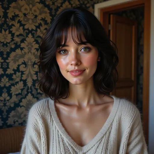 Prompt: She has short black hair and a friendly expression. Soft, natural light illuminates a young woman with striking features, her jet black hair is straight and no longer than her collar, with wispy bangs. The cozy sweater covers the top of her thighs, envelops her in warmth.
She is positioned slightly off-center, so that the the sole and arches of her feet are visible. she wears a subtle yet captivating smile that radiates confidence and approachability, encapsulating a serene and harmonious mood within an intimate indoor setting.