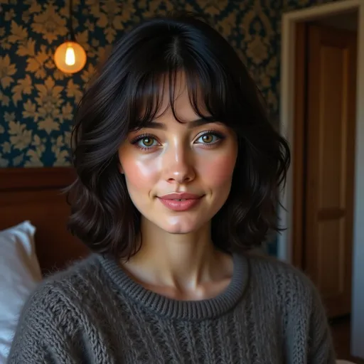Prompt: She has short black hair and a friendly expression. Soft, natural light illuminates a young woman with striking features, her jet black hair is straight and no longer than her collar, with wispy bangs. The cozy sweater covers the top of her thighs, envelops her in warmth.
She is positioned slightly off-center, so that the the sole and arches of her feet are visible. she wears a subtle yet captivating smile that radiates confidence and approachability, encapsulating a serene and harmonious mood within an intimate indoor setting.
