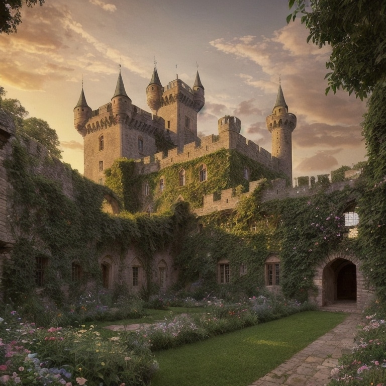 Prompt: A castle sitting in a lush valley, weathered bricks full of character, majestic and strong. A beautiful flower garden can be seen with the castle walls. A sunset sky, casting warm light, with a gentle breeze creating a dynamic atmosphere. The essence of a breathtaking medieval realism, rich in detail and color, evoking a sense of ancient history and tranquility.