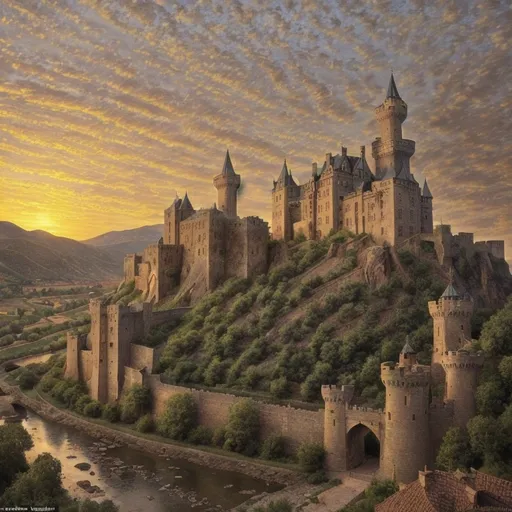 Prompt: A castle sitting in a valley, weathered bricks full of character, majestic and strong. Below, a bustling medieval city in the valley. A sunset sky, casting warm light, with a gentle breeze creating a dynamic atmosphere. The essence of a breathtaking medieval realism, rich in detail and color, evoking a sense of ancient history and tranquility.