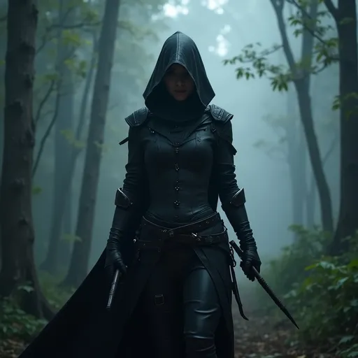 Prompt: Female Korean assassin in a black cloak and leather attire, hooded and mysterious, weapons, traversing a dark enchanted forest, overcast skies, mystical atmosphere, dense trees shrouded in mist, ethereal light filtering through leaves, medieval fantasy theme, gloomy yet captivating ambiance, high detail, 4K quality, dramatic shadows and highlights, sense of adventure and danger, captivating landscape.