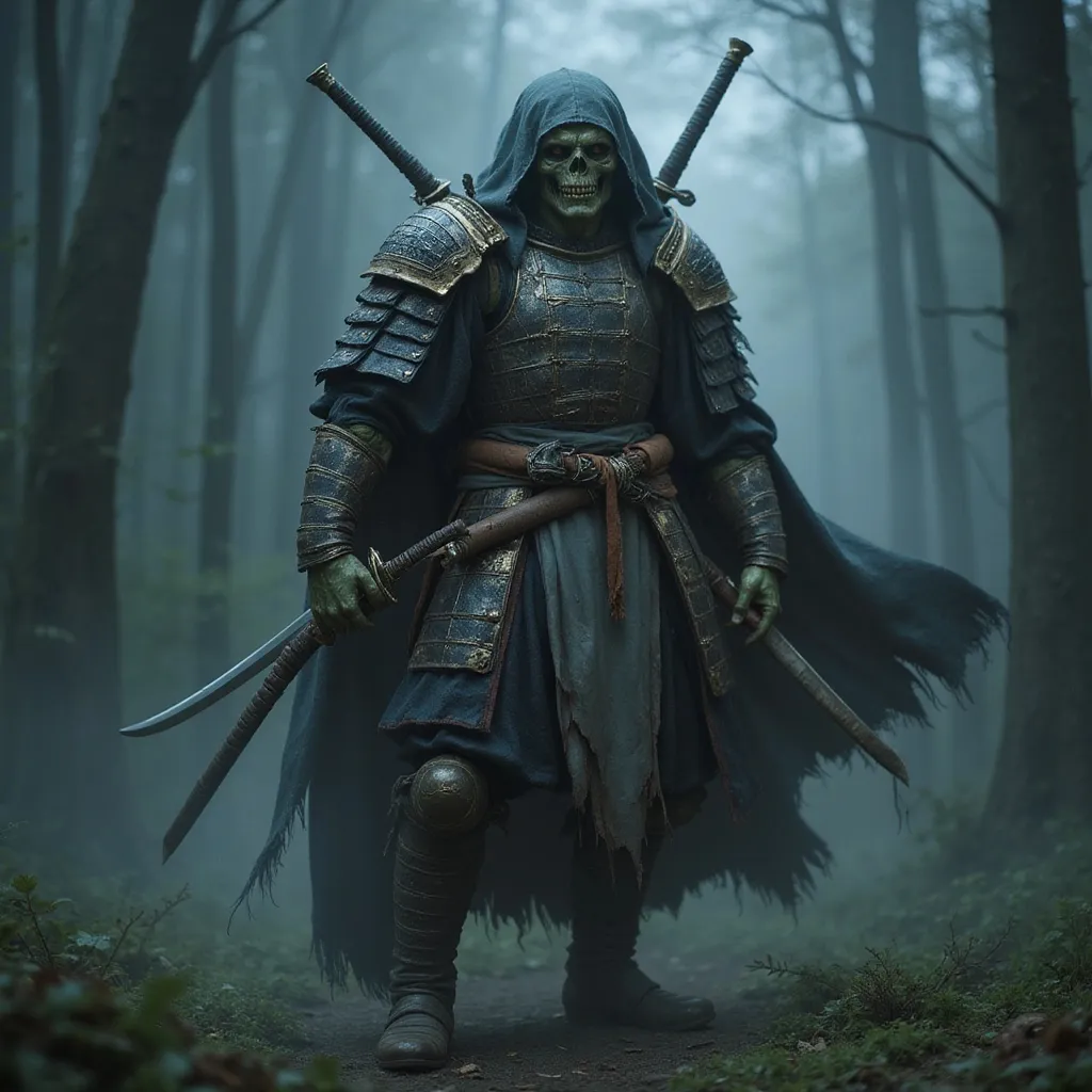 Prompt: DnD, Samurai zombie companion, the undead, majestic armor, tattered clothes, eerie but loyal expression, holding katana, ethereal glow, dark ominous background, creeping mist, mysterious forest, foreboding atmosphere, high-detail, 4K resolution, dark tones, cinematic lighting, haunting yet awe-inspiring, blend of tradition and supernatural, juxtaposition of life and death, conceptual character design.