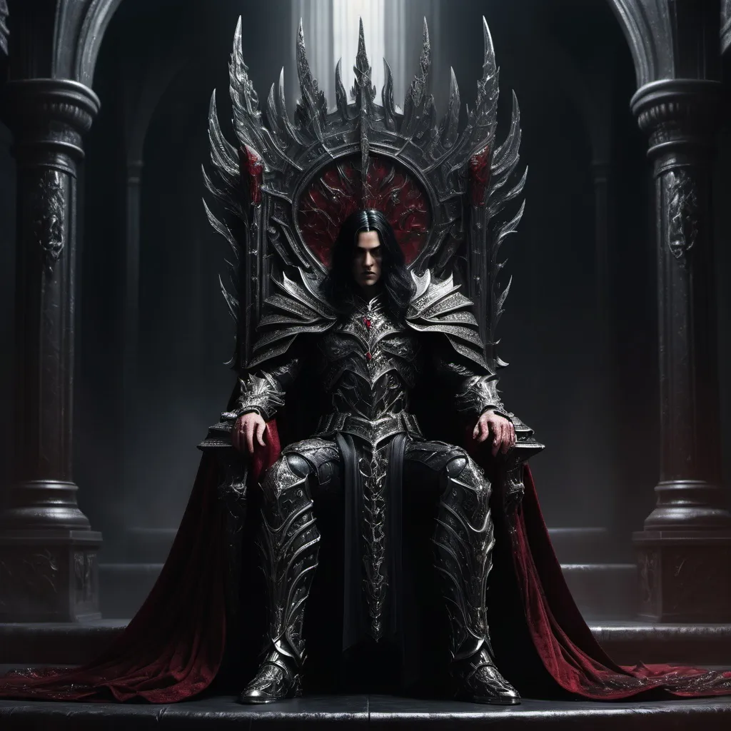 Prompt: (Full body) King standing tall and broad in a throne room, imposing figure, jet black hair streaked with silver, piercing eyes, strong features, adorned in intricate black armor and a flowing crimson cloak, emanating a dark and sinister atmosphere, detailed shadows enhancing the mood, captivating yet ominous, ultra-detailed, HD quality.