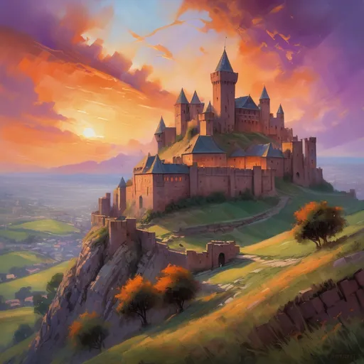 Prompt: A castle sitting on a grassy hill, weathered bricks full of character, majestic and strong. Below, a bustling medieval city in the valley. A vibrant sunset sky with shades of orange and purple, casting warm light, with a gentle breeze creating a dynamic atmosphere. The essence of a breathtaking medieval oil painting, rich in detail and color, evoking a sense of ancient history and tranquility.