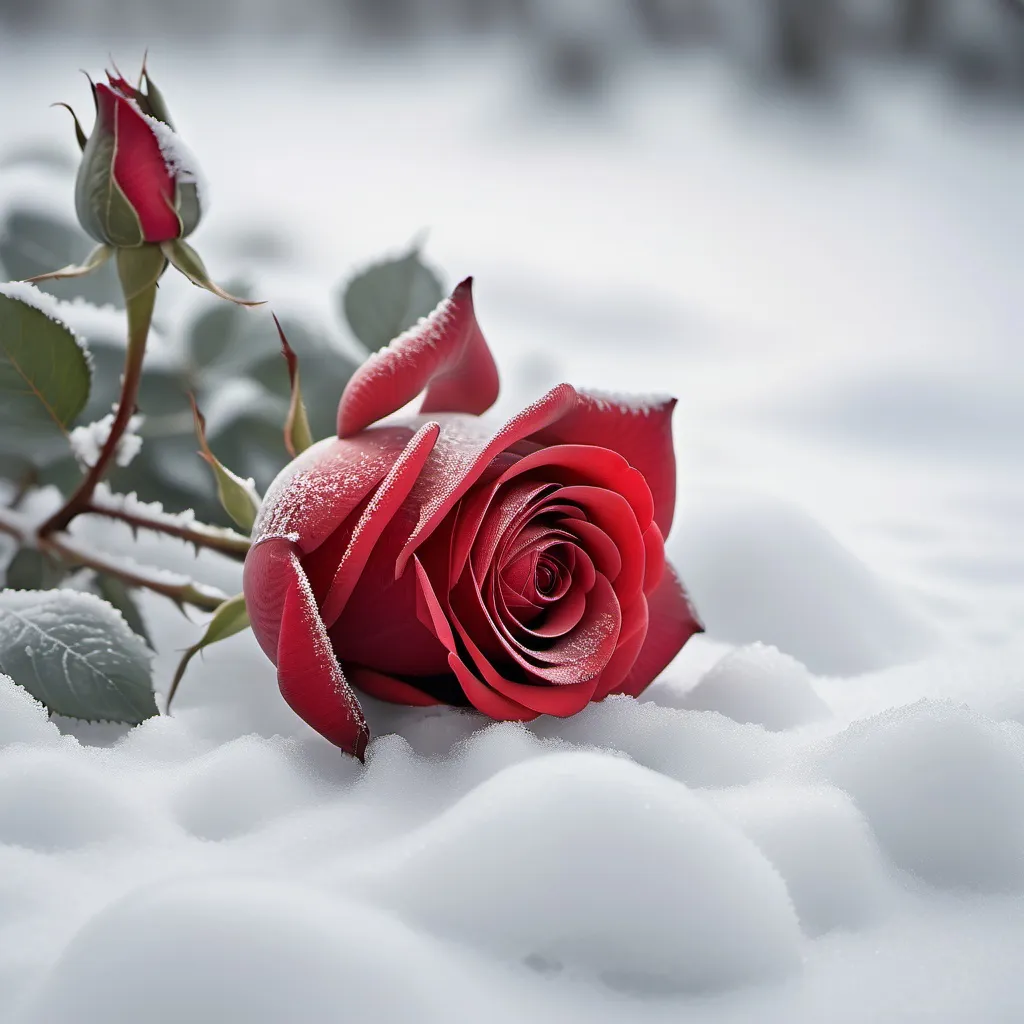 Prompt: a single red rose laying in fresh, untouched snow, vivid contrast, delicate petals glistening with frost, serene winter landscape, soft, cool tones, gentle light filtering through gray clouds, emphasizing tranquility and beauty, high depth, ultra-detailed, poetic ambiance, evoking a sense of solitude and grace.
