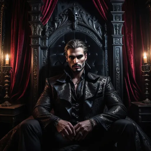 Prompt: Tall and broad king, exuding evil charisma, dark romance, standing in opulent bed chambers, dimly lit, heavy velvet drapes, intricate gothic decor, intense expression, mysterious aura, shadows play softly around him, rich, royal colors, deep reds and blacks, emphasizing the dark atmosphere, ultra-detailed, cinematic, atmospheric ambiance, evokes a mix of power and foreboding.