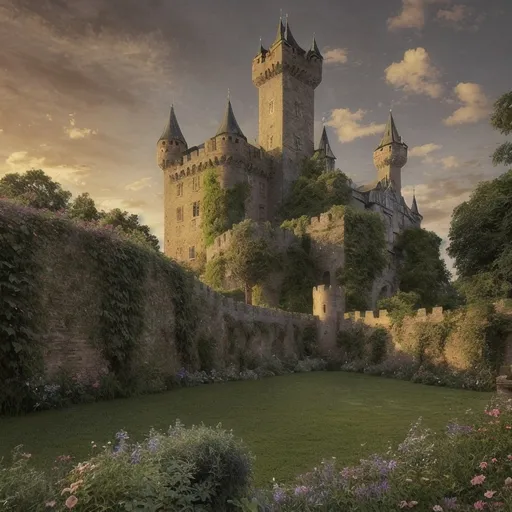 Prompt: A castle sitting in a lush valley, weathered bricks full of character, majestic and strong. A beautiful flower garden can be seen with the castle walls. A sunset sky, casting warm light, with a gentle breeze creating a dynamic atmosphere. The essence of a breathtaking medieval realism, rich in detail and color, evoking a sense of ancient history and tranquility.