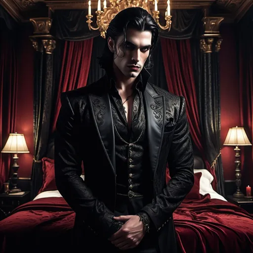 Prompt: Tall and broad king, buff and handsome,  dark hair, exuding evil charisma, dark romance, standing in opulent bed chambers, dimly lit, heavy velvet drapes, intricate gothic decor, intense expression, mysterious aura, shadows play softly around him, rich, royal colors, deep reds and blacks, emphasizing the dark atmosphere, ultra-detailed, cinematic, atmospheric ambiance, evokes a mix of power and foreboding.