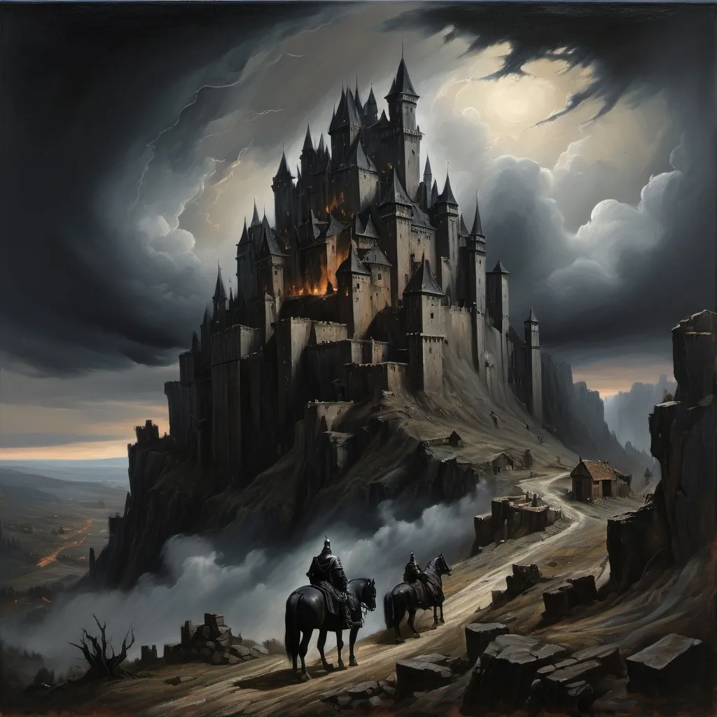 Prompt: Oil painting, dark castle looming ominously, surrounded by rough terrain, heavy atmosphere, the village sitting below the castle, a king sitting on a horse,  deep shadows enveloping the scene, muted and somber color palette with hues of black and gray, clouds gathering overhead, evoking feelings of mystery and foreboding, stunning details creating a breathtaking yet grim visual masterpiece 