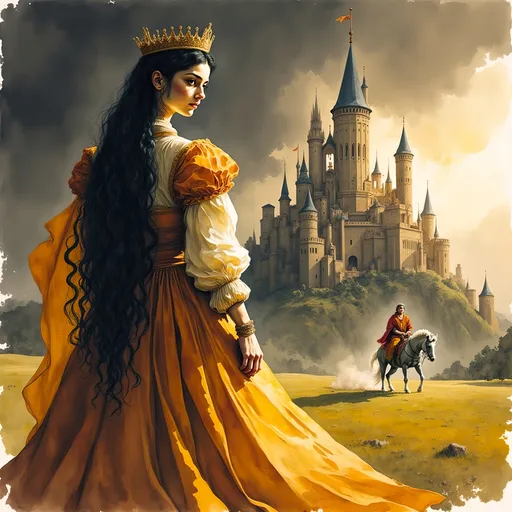 Prompt: A queen stands before her castle, her castle in the background, her back towards the viewer, she is mounted on her horse, long flowing black hair cascading elegantly down her back, royal attire shimmering with intricate details, high-reaching towers, under a dramatic dark sky, rich colors, ultra-detailed, high definition, emphasizing royal elegance and strength.