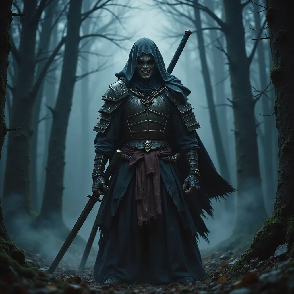 Prompt: DnD, Samurai zombie companion, majestic armor, tattered clothes, eerie but loyal expression, holding katana, ethereal glow, dark ominous background, creeping mist, mysterious forest, foreboding atmosphere, high-detail, 4K resolution, dark tones, cinematic lighting, haunting yet awe-inspiring, blend of tradition and supernatural, juxtaposition of life and death, conceptual character design.