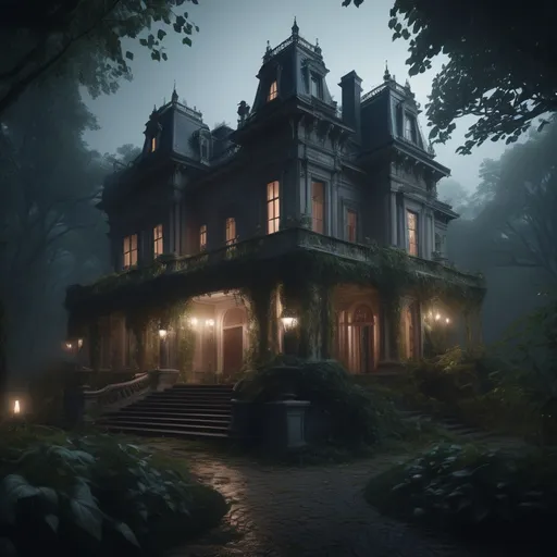 Prompt: A modern mansion hidden in the woods, surrounded by dense forest, one story, nighttime scene,  creating an eerie ambiance, overgrown vines enveloping the ornate architecture, misty atmosphere enhancing the sense of secrecy, bad things happen here, high detail, 4K quality, captivating and immersive visual.