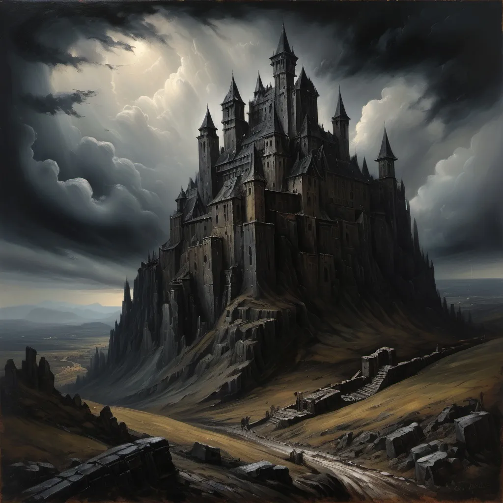 Prompt: Oil painting, dark castle looming ominously, surrounded by rough terrain, heavy atmosphere, the village sitting below, deep shadows enveloping the scene, muted and somber color palette with hues of black and gray, clouds gathering overhead, evoking feelings of mystery and foreboding, stunning details creating a breathtaking yet grim visual masterpiece 
