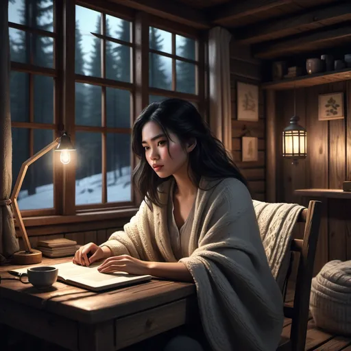 Prompt: Modern woman, dark hair, dark eyes, small hint of asian features, cozy cabin in the woods, peaceful ambiance, moonlight shining through the windows, dark and cozy, rustic interior with a wooden desk with computer, comfy chair, cozy blanket, intimate setting evoking creativity, serene atmosphere, ultra-detailed, cinematic composition.