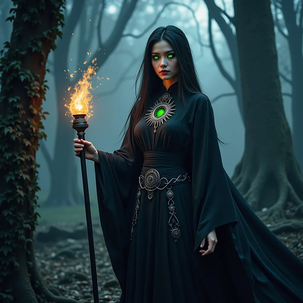 Prompt: Asian female necromancer character development, dark and mystical atmosphere, flowing black robes adorned with silver ornaments, glowing green eyes,  intricate magical runes in the background, dramatically lit, enchanting shadows dancing, high detail, fantasy theme, captivating and ominous vibe, masterfully crafted, 4K resolution