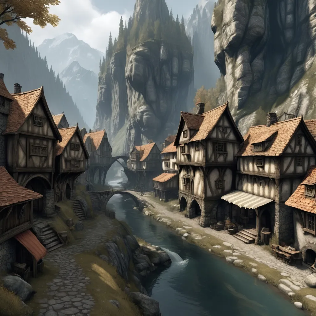 Prompt: a small town in a gorge, like the ones in the Skyrim, town that have 5 houses and a few of stores and a inn, 16th sentury