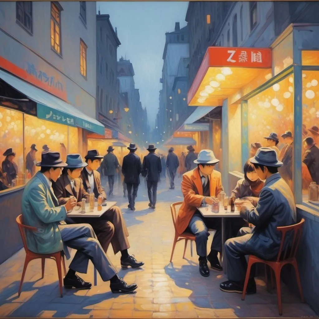 Prompt: impressionism style, a group of hedonistic people "zunguzunguguzunguzenging" in a chill urban spot, emphasizing boundless imagination