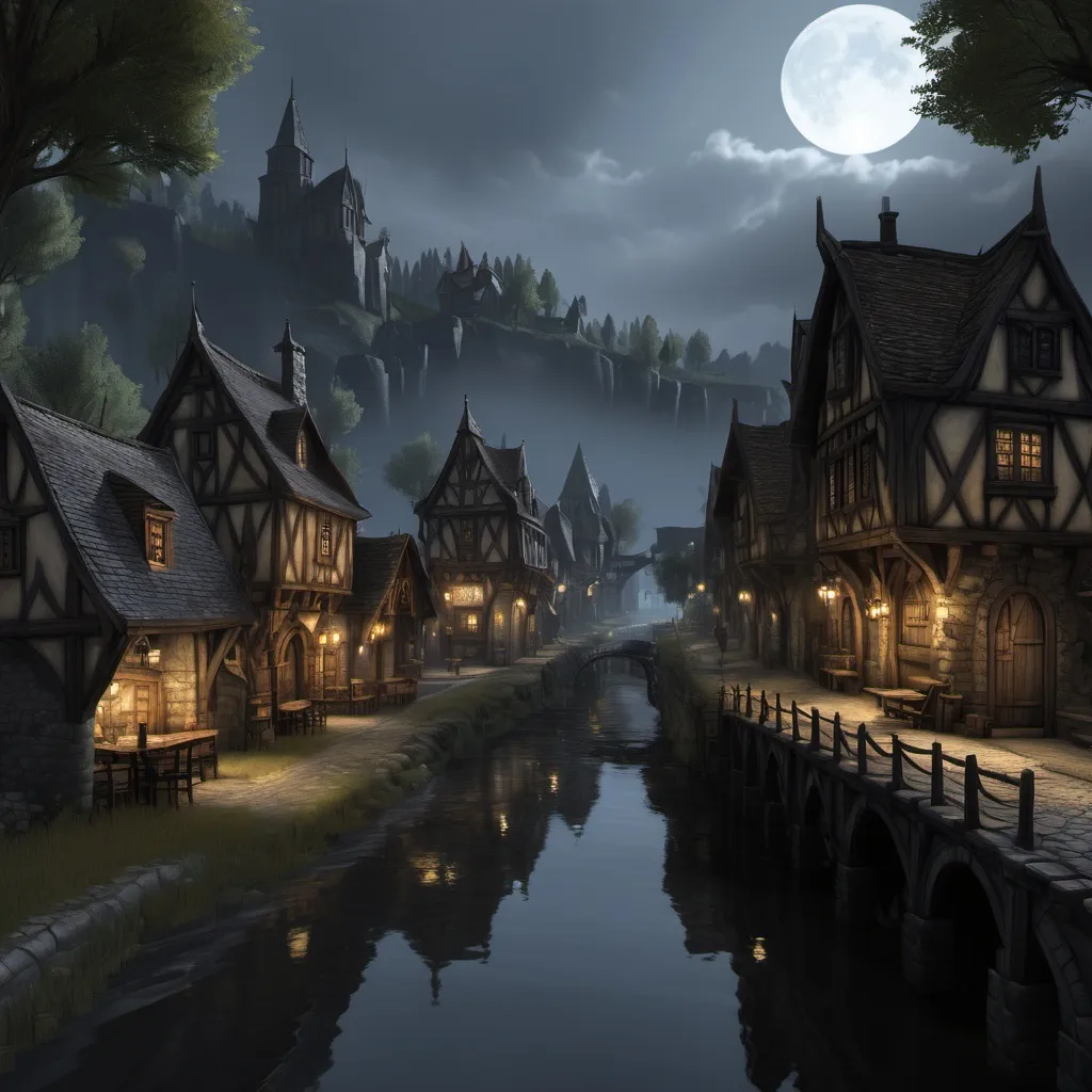 Prompt: a small town, like the ones in the TES Oblivion, town that have houses and a few of stores and a inn, 16th sentury in night-time and they having a small fun, i don't want river or watercourse on the image you will create