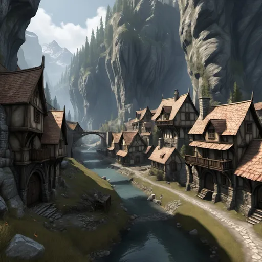 Prompt: a small town in a gorge, like the ones in the Skyrim, town that have 5 houses and a few of stores and a inn, 16th sentury