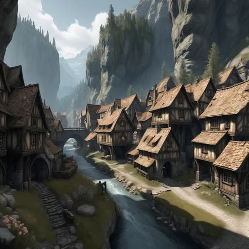 Prompt: a small town in a gorge, like the ones in the Skyrim, town that have 5 houses and a few of stores and a inn, 16th sentury