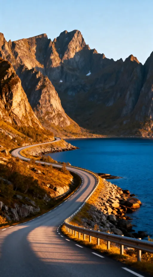 Prompt: Ultra realistic travel photography of the winding coastal road on Senja overlooking deep blue fjords and jagged mountain peaks beneath golden evening light, authentic Nordic scenery, real photography, realistic textures, Highly detailed photorealistic, through a photography lens, 16k