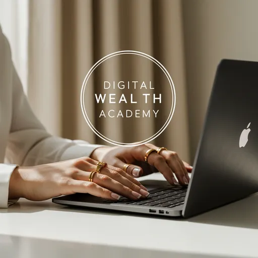 Prompt: This photograph depicts a close-up view of a person's hands interacting with a black, slim laptop that has a white Apple logo on its screen. The person's hands, with neatly manicured, light french nails, are positioned on the laptop's keyboard and touchpad. The individual is wearing a white, long-sleeved shirt and several gold rings on their fingers. The laptop is placed on a smooth, white tabletop.

In the background, there is a light beige curtain with soft folds, creating a neutral and calm backdrop. The overall color palette of the image is composed of soft, neutral tones, including white, black, beige, and gold. The photograph has a clean and minimalist aesthetic, focusing on the simplicity and functionality of the scene. The lighting is even and natural, enhancing the calm and organized atmosphere of the setting. The image emphasizes a modern, tidy workspace with an emphasis on minimalism and functionality. Natural light, sunlight 

On top of in the photograph in the middle, is text saying «DIGITAL WEALTH ACADEMY» in bold letters with a circle around it. In the middle of the photograph. It should symbolize a logo for a brand. Showing the laptop and the persons hands in the background. 