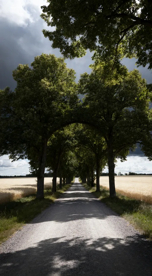 Prompt: 25. Ultra realistic professional countryside photography of an empty gravel lane disappearing beneath an archway of tall leafy trees, fields of pale wheat extending beyond both sides, patches of sunlight and cloud shadow crossing the road, slightly stormy Scandinavian summer sky, strong natural perspective, no people or vehicles, vertical 2:3 composition, 8k, realistic textures, real photography, Highly detailed photorealistic, through a professional photography lens