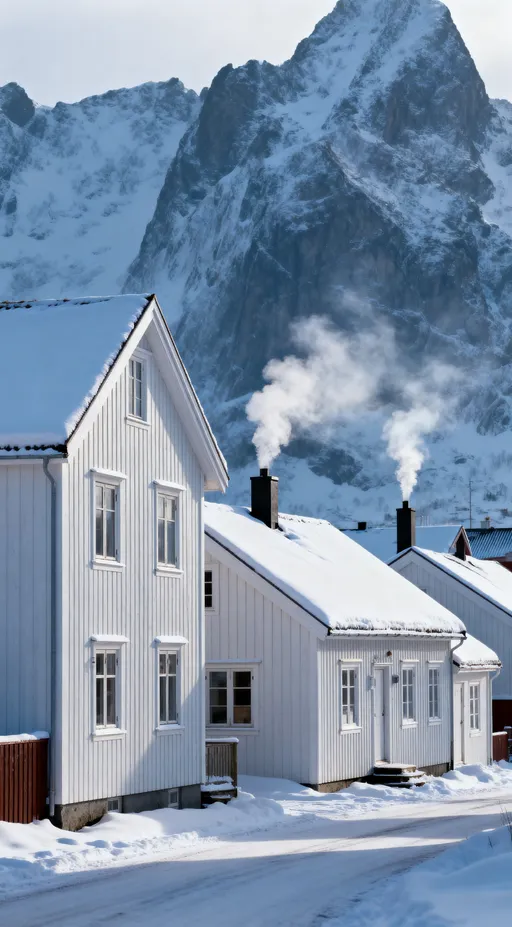 Prompt: Ultra-realistic 8K photography of a quiet snowy village in Lofoten under overcast sky, soft light, calm and minimal, timeless Nordic atmosphere