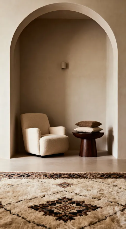 Prompt: Cozy reading nook, low-profile beige armchair, dark brown wooden side table, layered cushions and rug, arched doorway, warm soft light, minimalist decor, calm and luxurious, ultra-realistic, cinematic 4K photography